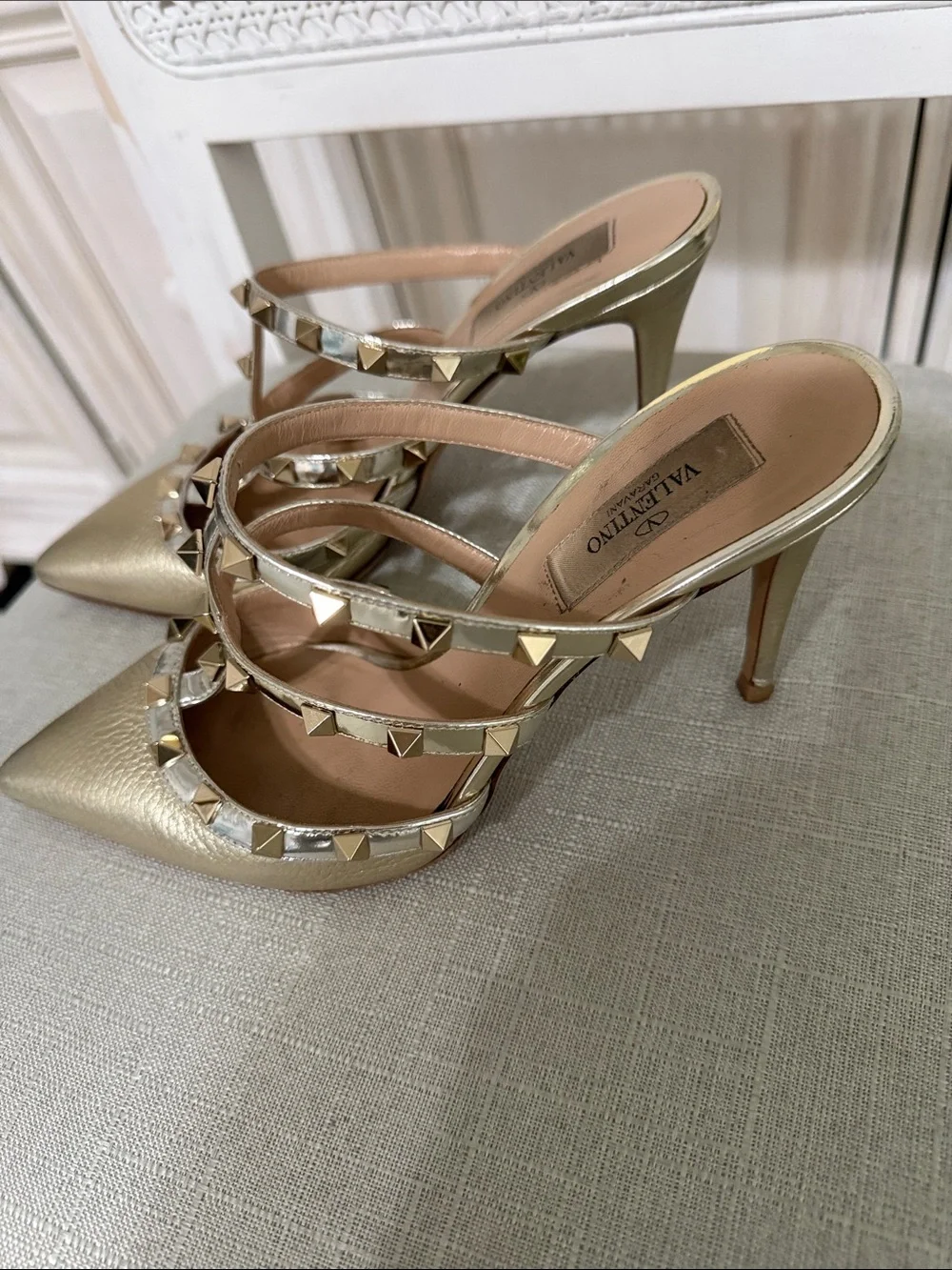 Valentino Metallic Gold Studded Pointed-Toe Slingback Heels
